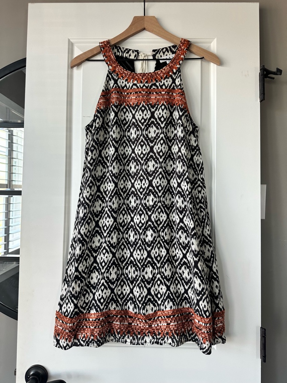 THML Black & White Geometric Mini Dress with Copper Trim
